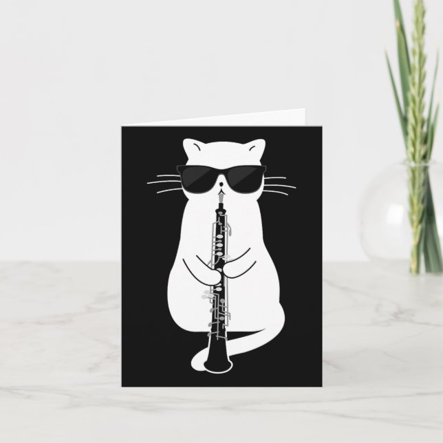 Carte Chat Portant des Sungles Jouer à Oboe (Devant)