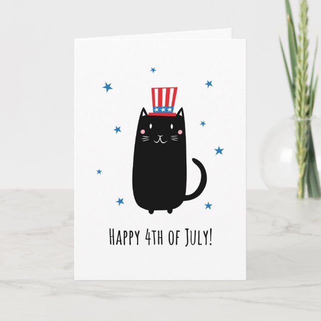 Carte Chat portant un casquette patriotique, Joyeux 4 ju (Devant)