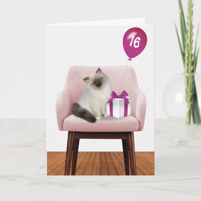 Carte Chat Ragdoll Avec Ballons 16ème Anniversaire (Devant)