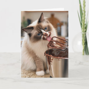 Carte Chat Ragdoll d'anniversaire qui lèche un fouet de