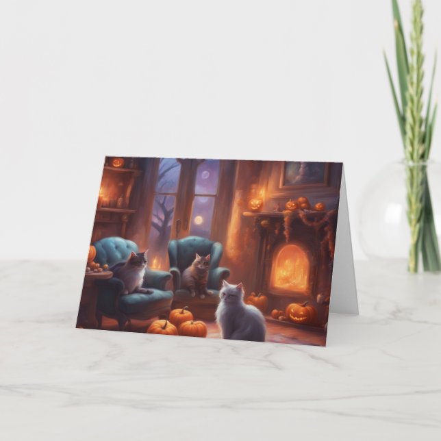 Carte Chat réfléchissant à Halloween dans un salon cosy (Devant)