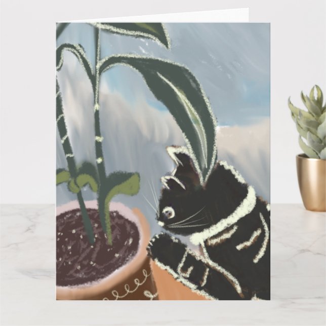 Carte Chat regardant les plantes d'intérieur   (Petite plante)
