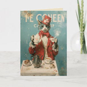 Carte Chat reine du thé dans le style victorien vintage