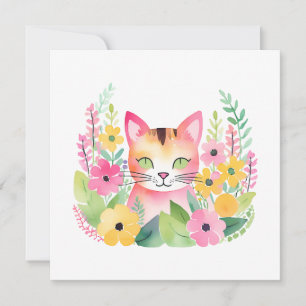 Carte Chat rose aquarelle et fleurs d'été 