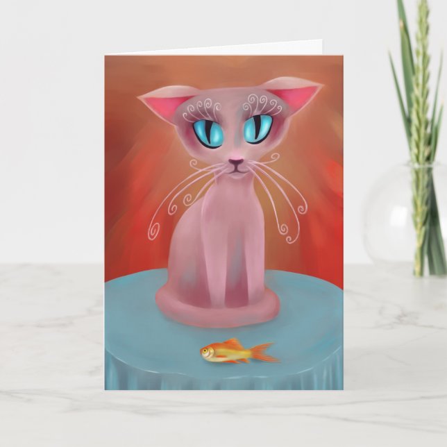 Carte Chat rose avec un poisson rouge sur une table bleu (Devant)