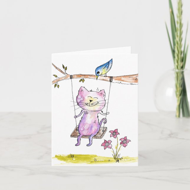 Carte Chat rose blanc mignon à la couture (Devant)