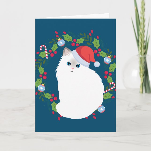 Carte Chat Roux Ragdoll au Couronne de Noël (Devant)