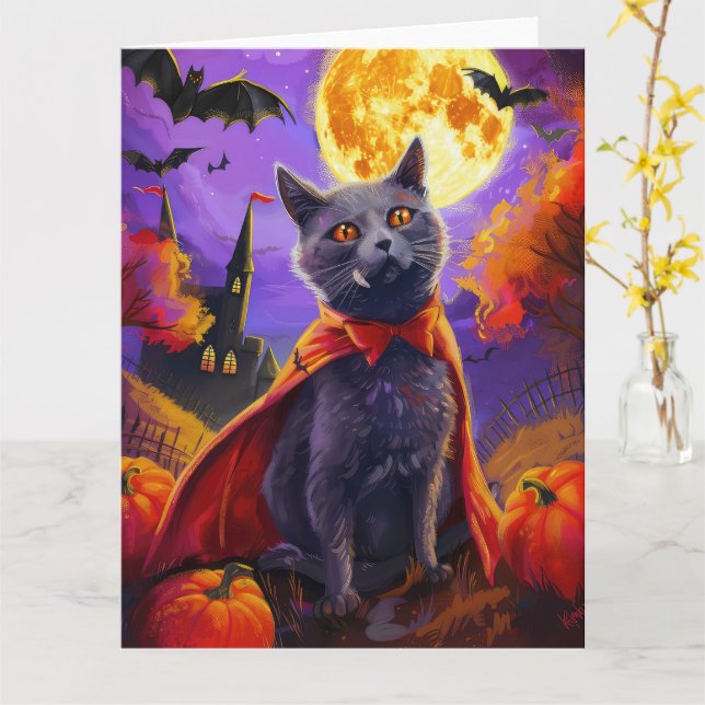Carte Chat Russe Bleu Vampire Citrouilles Halloween Épou (Fleur jaune)
