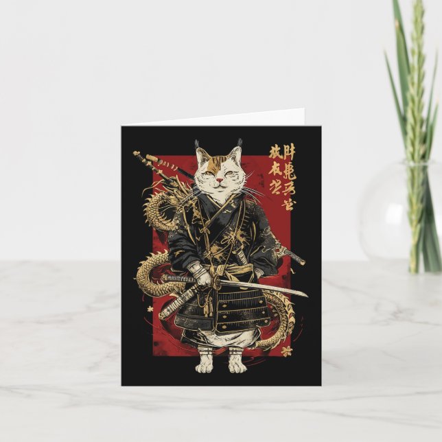 Carte Chat Samurai Avec Dragon Kanji (Devant)