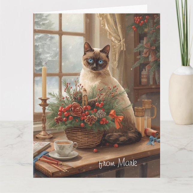 Carte Chat siamois arrangeant des fleurs en hiver Noël  (Devant)