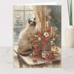 Carte Chat siamois arrangeant des fleurs en hiver Noël