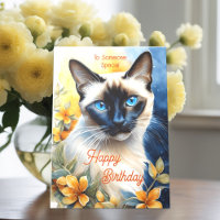 Chat siamois aux fleurs orange jaune Anniversaire