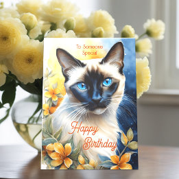 Carte Chat siamois aux fleurs orange jaune Anniversaire