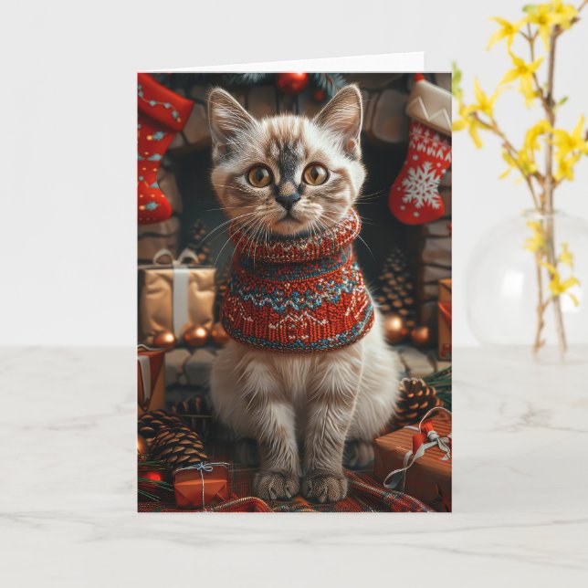 Carte Chat siamois avec cheminée de cadeaux de Noël (Fleur jaune)