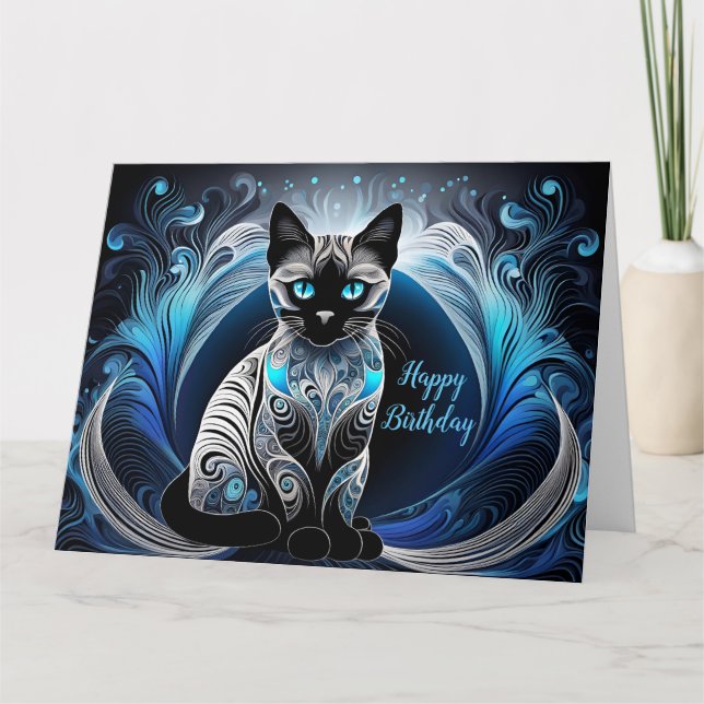 Carte Chat siamois, Bleu et blanc abstrait Anniversaire (Devant)
