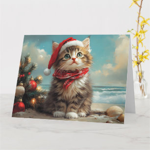 Carte Chat Sibérien Noël Vintage Plage