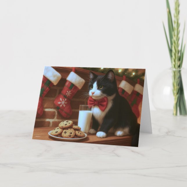 Carte Chat Smoking Attendant le Père Noël (Devant)