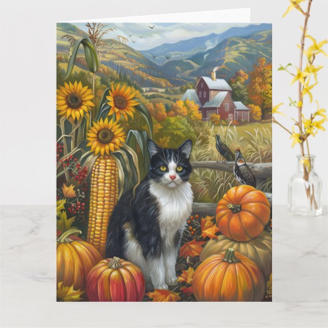 Carte Chat Smoking Autumn Harvest Thanksgiving (Fleur jaune)