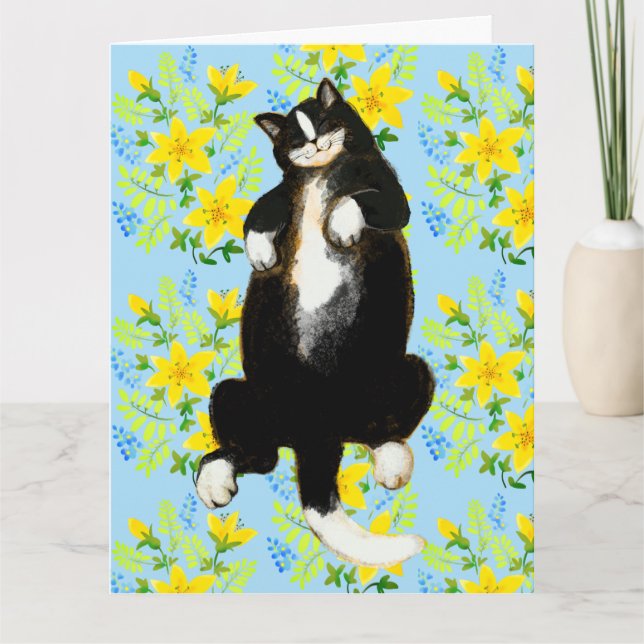 Carte Chat smoking dormant sur un lit floral (Devant)