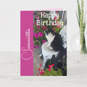 Carte Chat Smoking et Fleurs Filles Nom Anniversaire