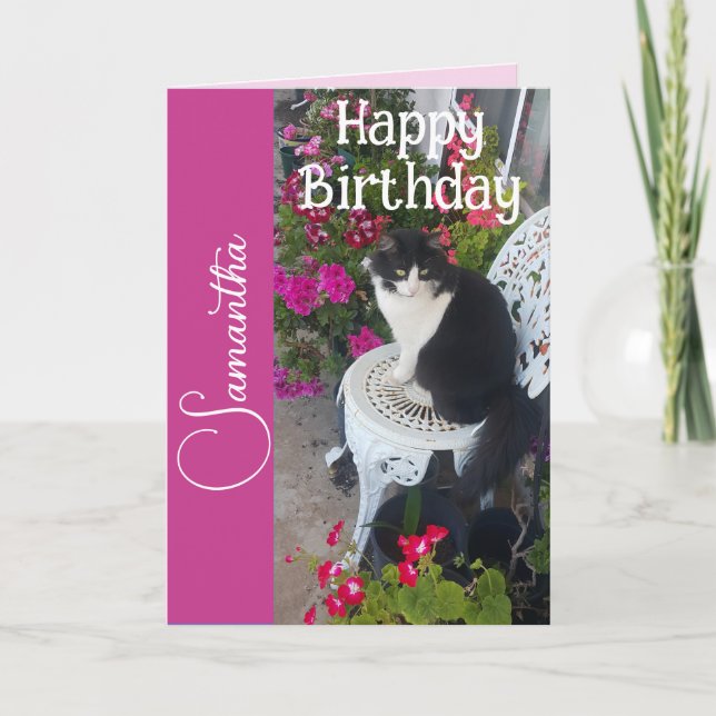 Carte Chat Smoking et Fleurs Filles Nom Anniversaire (Devant)
