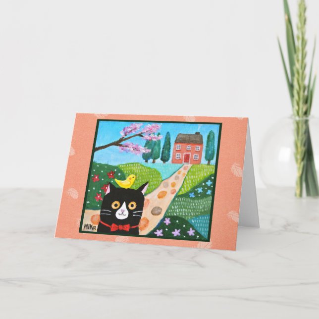Carte Chat smoking et petit oiseau jaune Art folklorique (Devant)