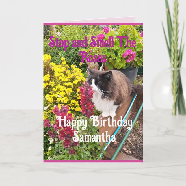 Carte Chat Smoking Tuxedo Reniflant des Fleurs Anniversa (Devant)