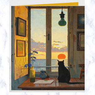 Carte Chat solitaire modifiable regardant un coucher de