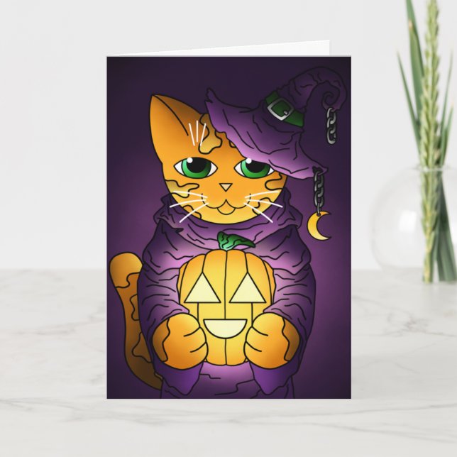 Carte Chat-sorcière d'Halloween violet (Devant)