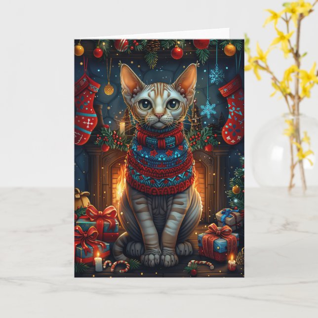Carte Chat Sphynx Avec Cadeaux De Noël Cheminée (Fleur jaune)