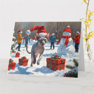 Carte Chat Sphynx courant dans la neige avec un chapeau 