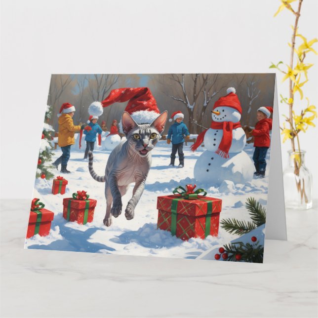 Carte Chat Sphynx courant dans la neige avec un chapeau  (Fleur jaune)