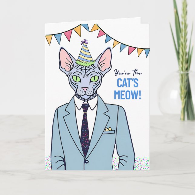 Carte Chat Sphynx d'anniversaire habillé en costume (Devant)