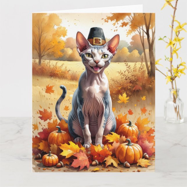 Carte Chat Sphynx  Dans l'Art de Thanksgiving aux Feuill (Fleur jaune)