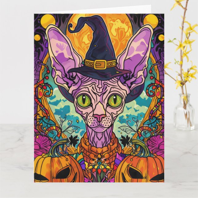 Carte Chat Sphynx Effrayant Halloween Sorcière et Citrou (Fleur jaune)