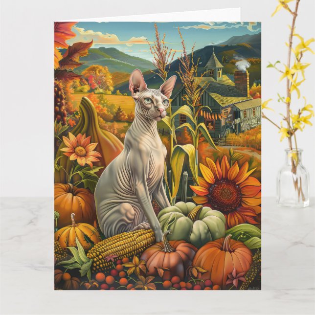Carte Chat Sphynx Récolte d'Automne Action de Grâce (Fleur jaune)