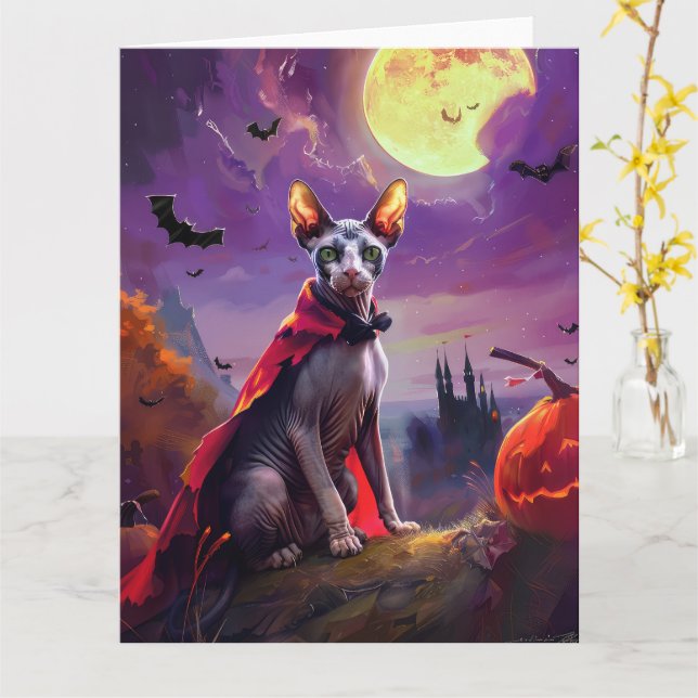 Carte Chat Sphynx Vampire Citrouilles Halloween Épouvant (Fleur jaune)