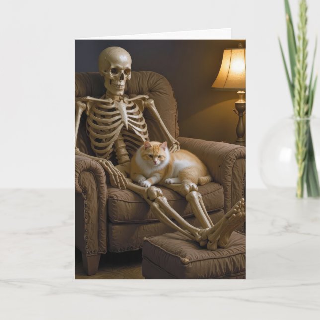 Carte Chat sur un squelette d'Halloween (Devant)