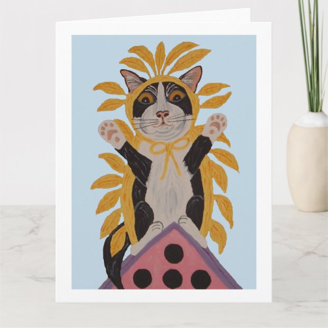 Carte Chat sur une cabane à oiseaux en costume d'oiseau (Devant)