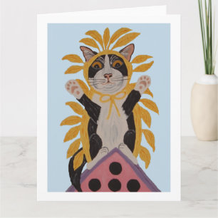 Carte Chat sur une maison d'oiseau en costume d'oiseau