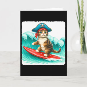 Carte Chat Surfeur Avec Chapeau de Pirate sur Planche de