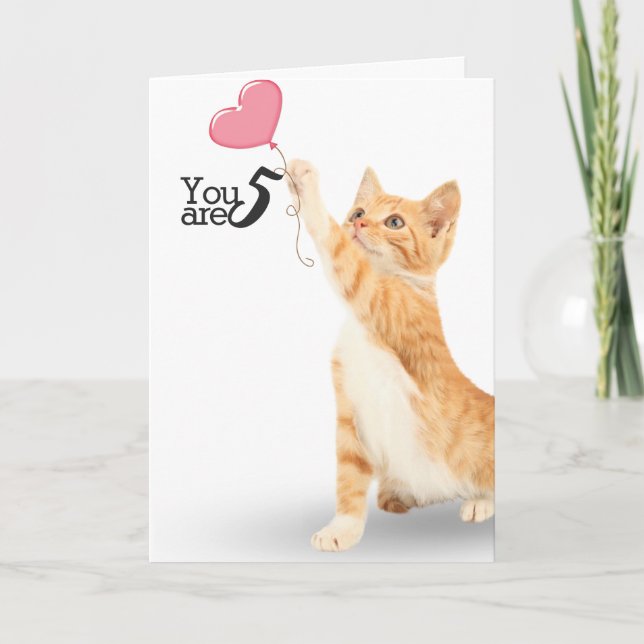 Carte chat tabby 5e anniversaire (Devant)