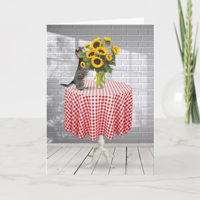 Carte Chat Tabby Anniversaire Avec Bouquet De Tournesol (Devant)