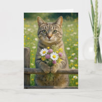 Chat Tabby Anniversaire Avec Bouquet Fleur sauvage