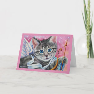 Carte Chat tabby Cupidon fantaisiste Art aquarelle