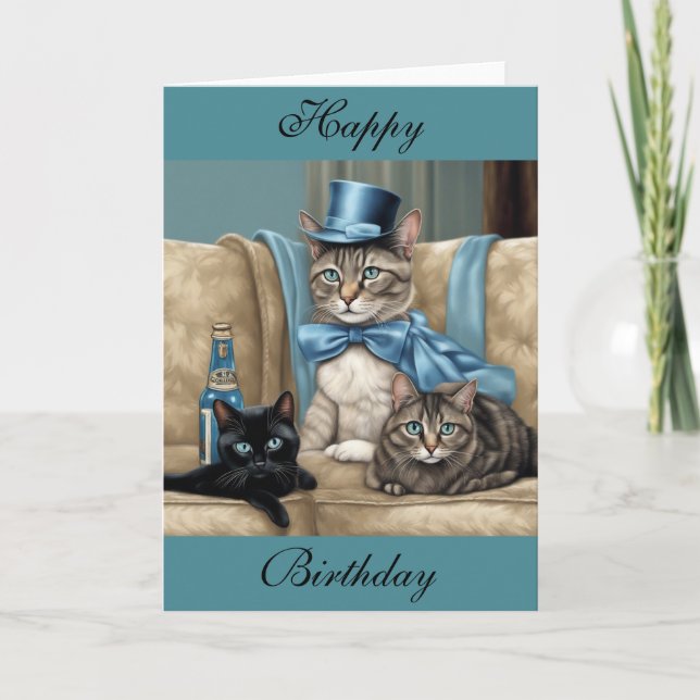 Carte Chat tabby gris avec cape et chapeau haut de forme (Devant)