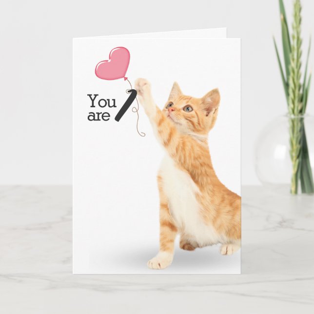 Carte Chat tabby pour premier anniversaire avec ballon e (Devant)