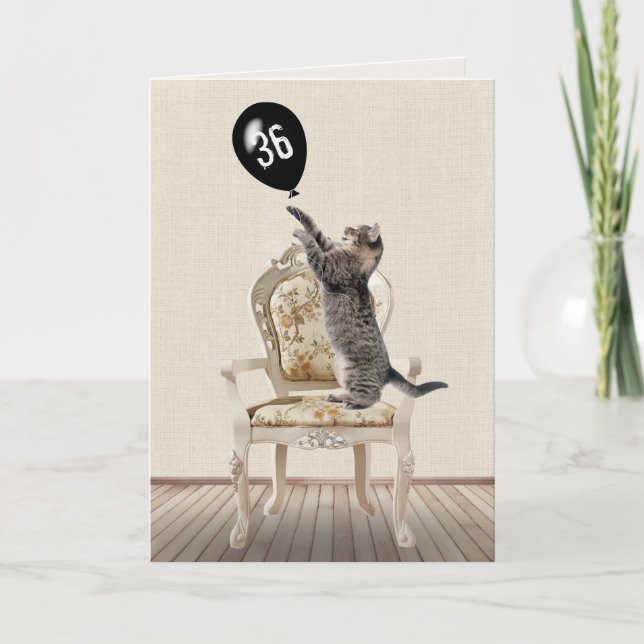 Carte Chat tigré 36 ans sur vieille chaise   (Devant)
