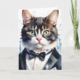 Carte Chat tigré à l'aquarelle dans un smoking et un nœu