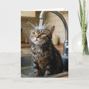 Carte Chat tigré d'anniversaire sous un robinet de cuisi
